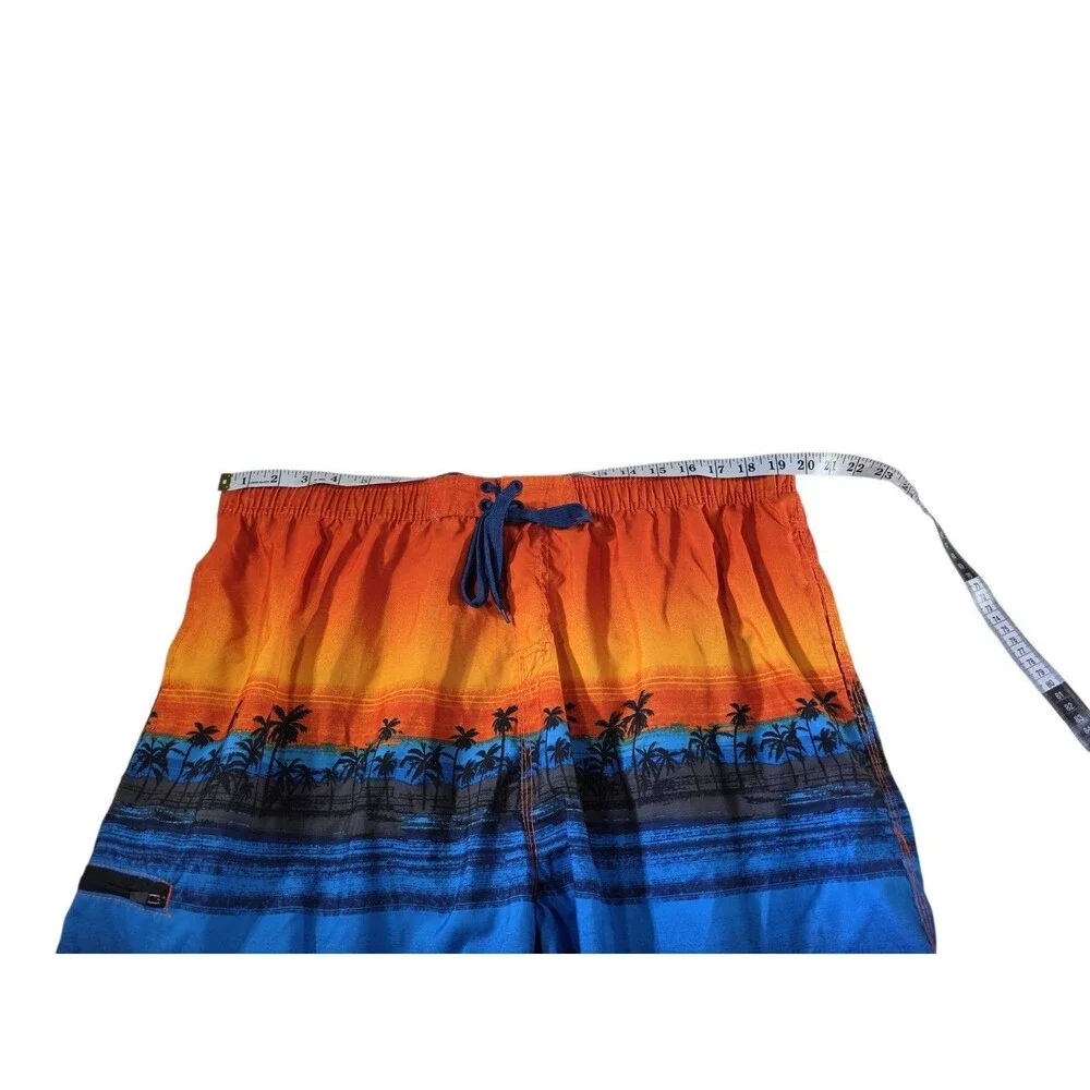 Burnside Mens 2XL Board Shorts Hawaiian Sunset Palm Tree Print Zip Pocket Blue